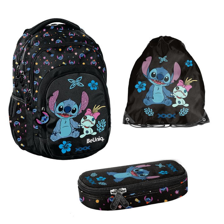 Stitch Paso Schulset, Rucksack mit drei Fächern, Laptopfach und verstärkter Unterseite, Federmäppchen mit Gummibändern für Schreibutensilien, Schuhbeutel, der auf den Rücken geschnallt werden kann, DS26MM