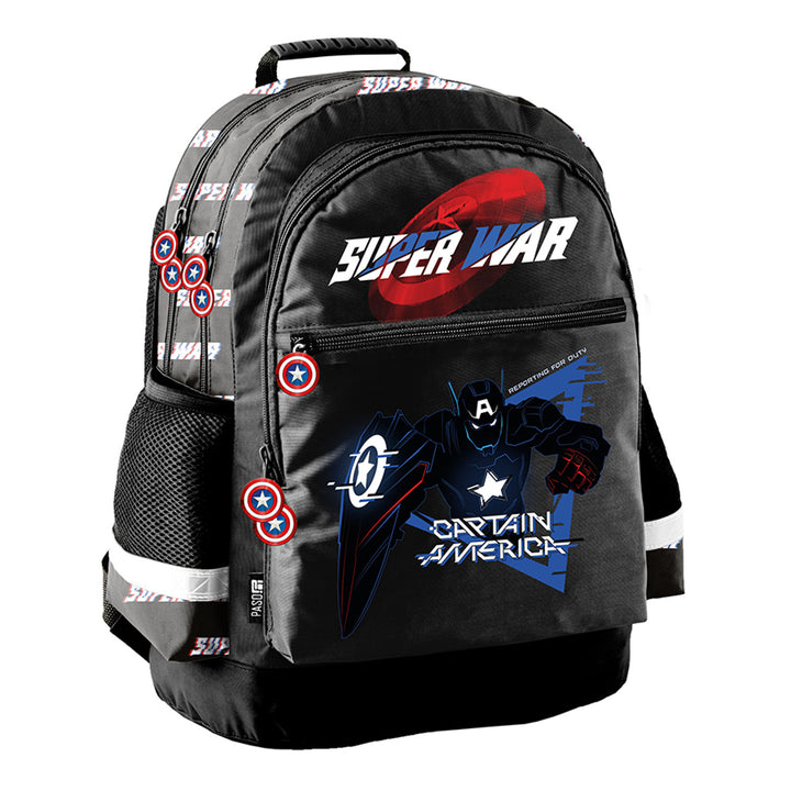 Captain America Paso Schulset, Rucksack mit zwei Fächern, reflektierenden Elementen und verstärktem Rücken, Federmäppchen ohne Inhalt und mit Halterungen für Schreibutensilien, Schuhbeutel, der auf den Rücken geschnallt werden kann, AV26KK