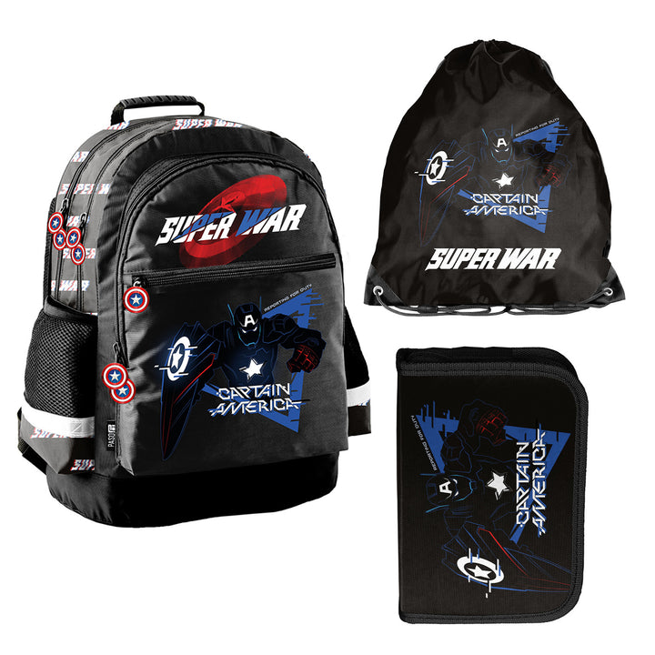 Captain America Paso Schulset, Rucksack mit zwei Fächern, reflektierenden Elementen und verstärktem Rücken, Federmäppchen ohne Inhalt und mit Halterungen für Schreibutensilien, Schuhbeutel, der auf den Rücken geschnallt werden kann, AV26KK