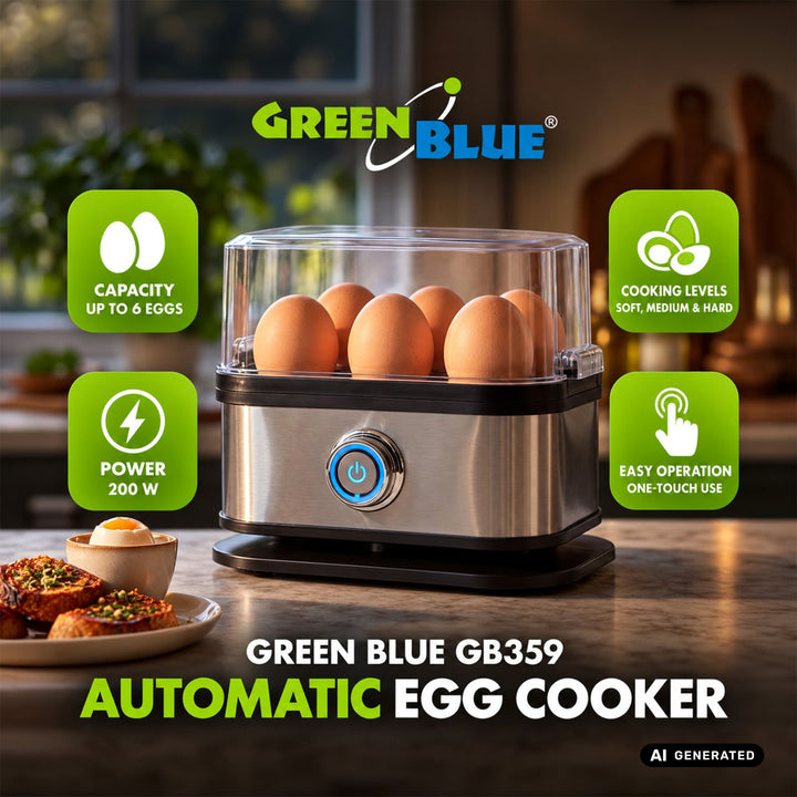 GreenBlue Eierkocher, Leistung 200 W, für bis zu 6 Eier, Messbecher, 220–240 V~, 50/60 Hz, GB359