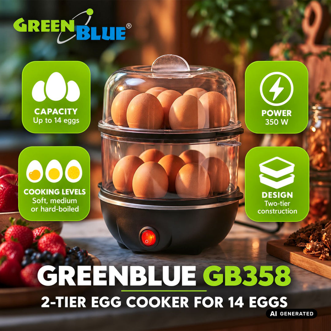 GreenBlue 2-Stufen-Eierkocher für 14 Eier, Leistung 350 W, für bis zu 14 Eier, 220–240 V~, 50/60 Hz, GB358