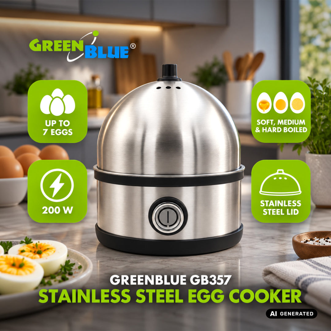 GreenBlue Eierkocher aus Edelstahl, Leistung 200 W, für bis zu 7 Eier, Messbecher, 220–240 V~, 50/60 Hz, GB357