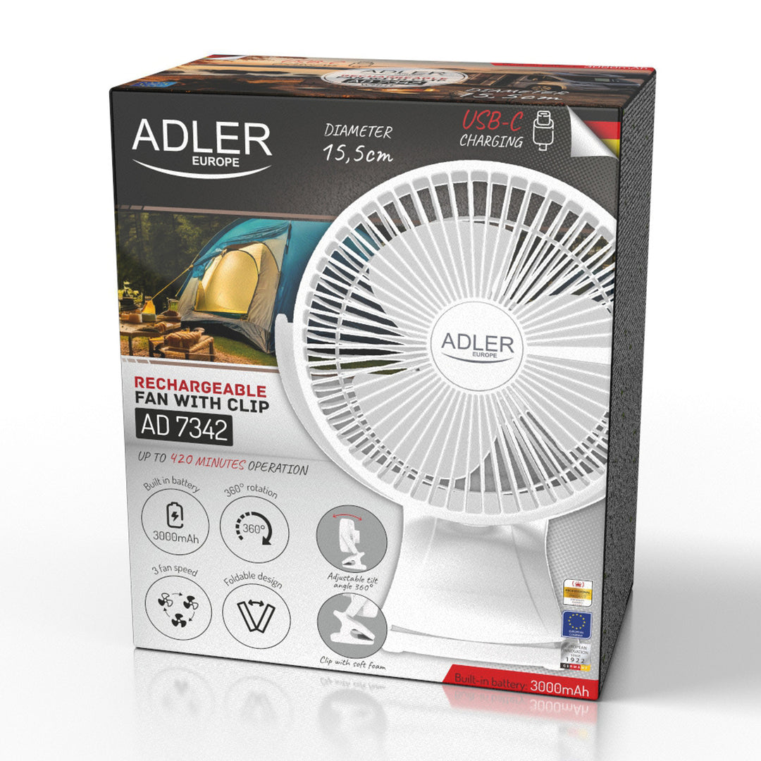 Tischventilator mit Clip, akkubetrieben, 15,5 cm, 360° drehbar, USB-C, Adler