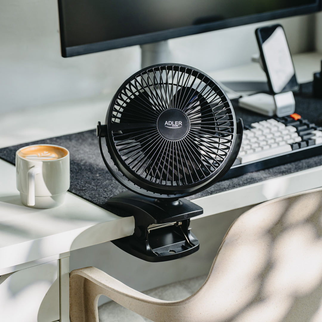 Tischventilator mit Clip, akkubetrieben, 15,5 cm, 360° drehbar, USB-C, Adler