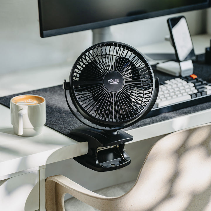 Tischventilator mit Clip, akkubetrieben, 15,5 cm, 360° drehbar, USB-C, Adler