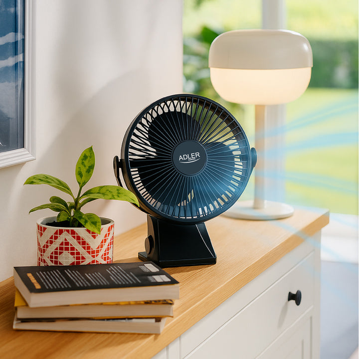 Tischventilator mit Clip, akkubetrieben, 15,5 cm, 360° drehbar, USB-C, Adler