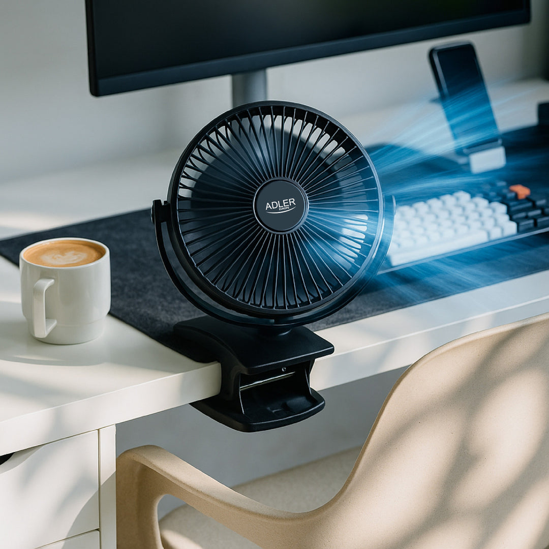 Tischventilator mit Clip, akkubetrieben, 15,5 cm, 360° drehbar, USB-C, Adler