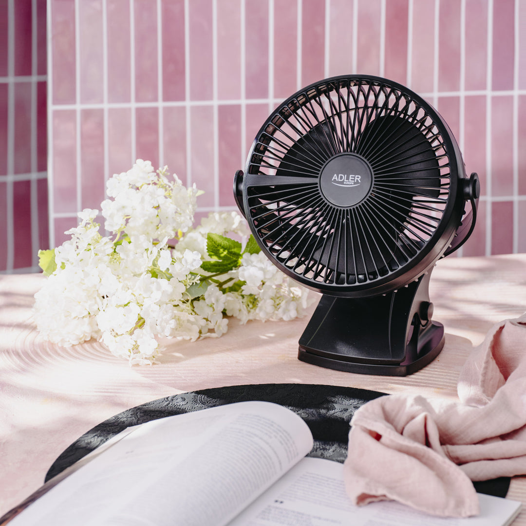Tischventilator mit Clip, akkubetrieben, 15,5 cm, 360° drehbar, USB-C, Adler