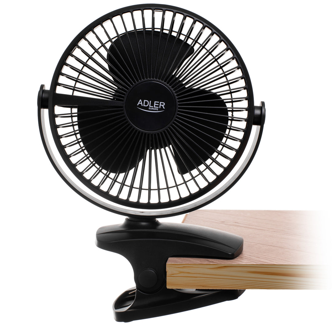 Tischventilator mit Clip, akkubetrieben, 15,5 cm, 360° drehbar, USB-C, Adler