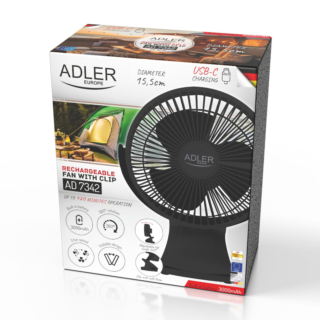 Tischventilator mit Clip, akkubetrieben, 15,5 cm, 360° drehbar, USB-C, Adler
