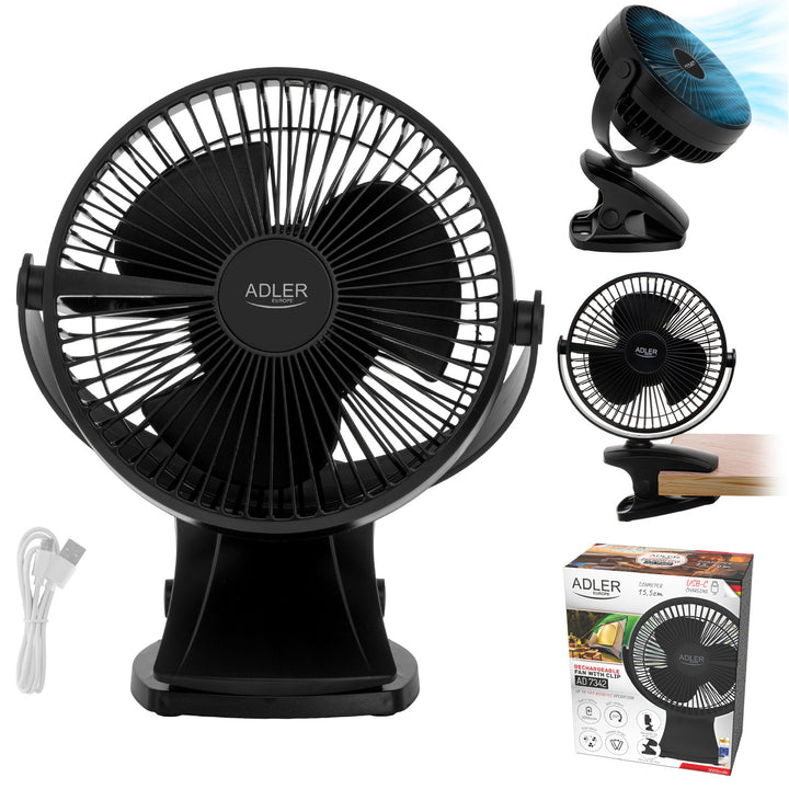 Tischventilator mit Clip, akkubetrieben, 15,5 cm, 360° drehbar, USB-C, Adler
