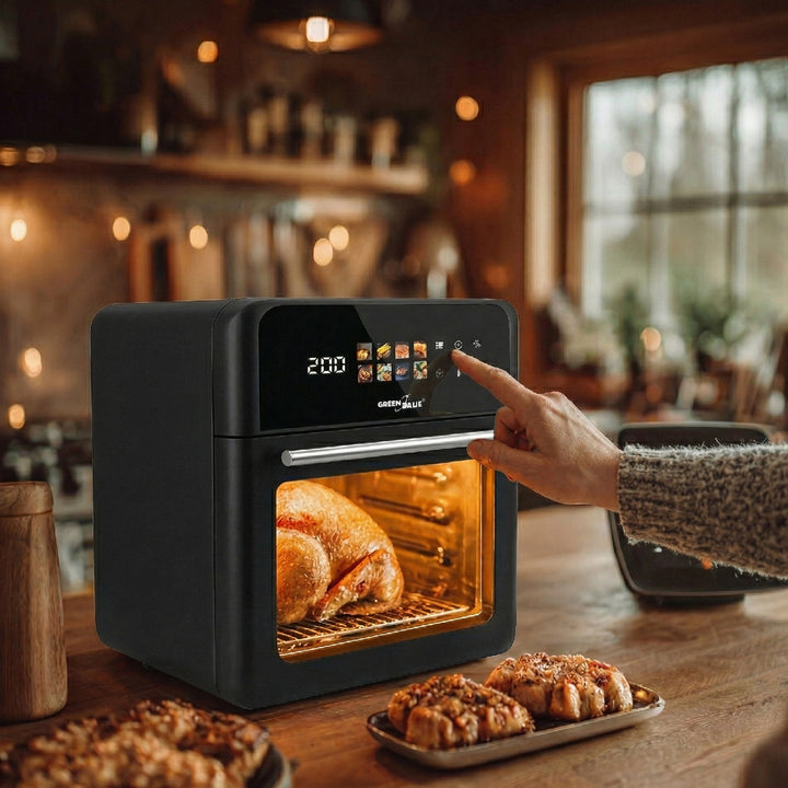GreenBlue AIR FRYER Heißluftfritteuse, 1800 W, 10 l Fassungsvermögen, 8 Programme, Zubehör, Timer, GB950 + Thermometer/Fühler, GreenBlue GB178