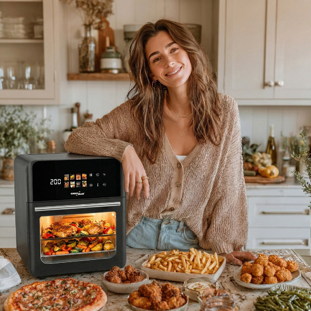 GreenBlue AIR FRYER Heißluftfritteuse, 1800 W, 10 l Fassungsvermögen, 8 Programme, Zubehör, Timer, GB950 + Thermometer/Fühler, GreenBlue GB178