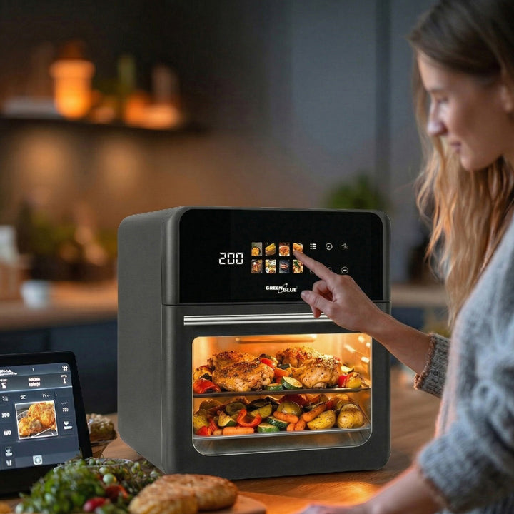 GreenBlue AIR FRYER Heißluftfritteuse, 1800 W, 10 l Fassungsvermögen, 8 Programme, Zubehör, Timer, GB950 + Thermometer/Fühler, GreenBlue GB178