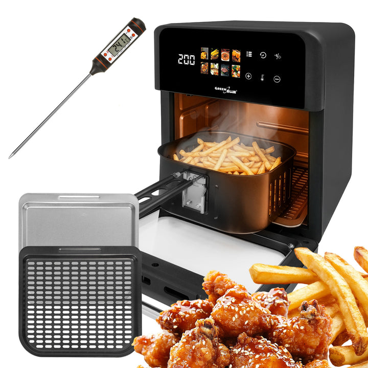 GreenBlue AIR FRYER Heißluftfritteuse, 1800 W, 10 l Fassungsvermögen, 8 Programme, Zubehör, Timer, GB950 + Thermometer/Fühler, GreenBlue GB178