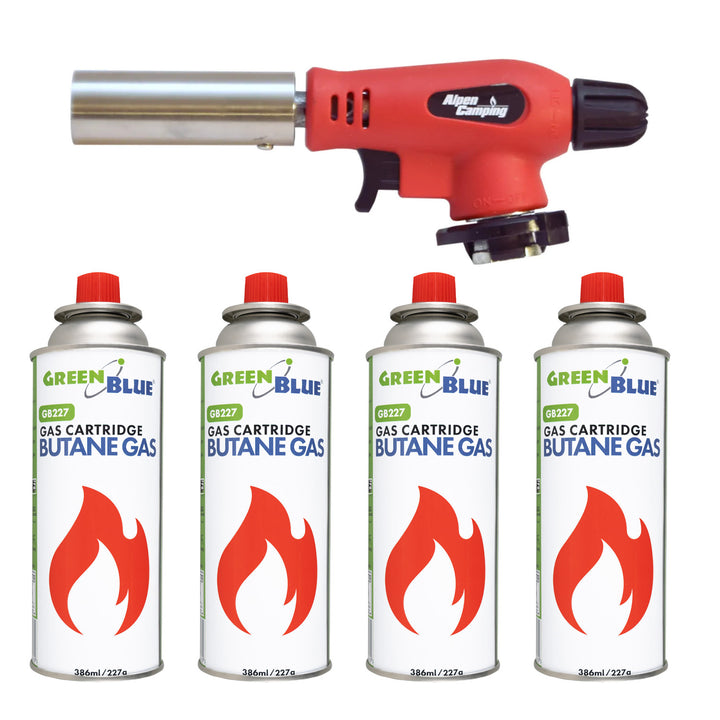 Alpen Camping-Kartuschenbrenner, 360°-Arbeitsbereich, Flammentemperatur 1300 °C, piezoelektrische Zündung, OLIMP + 4x 227-g-Gaskartusche GreenBlue. Zertifikat: Pi 0875, entspricht der Norm EN 417