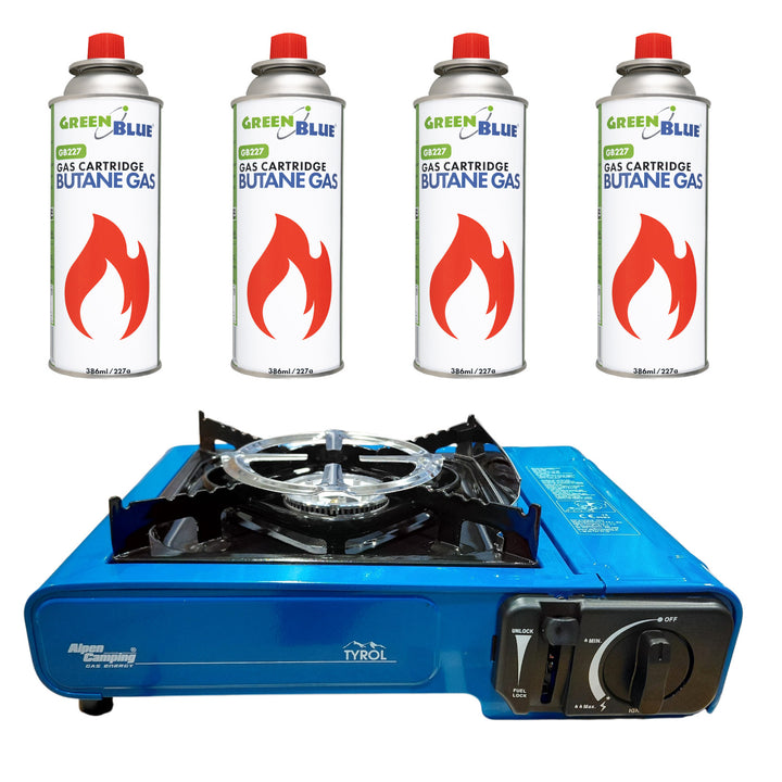 Alpen Camping Campingkocher, Leistung: 2,0 kW, Gasverbrauch 146 g/h, piezoelektrische Zündung, TYROL+ 4x 227-g-Gaskartusche GreenBlue. Zertifikat: Pi 0875, entspricht der Norm EN 417