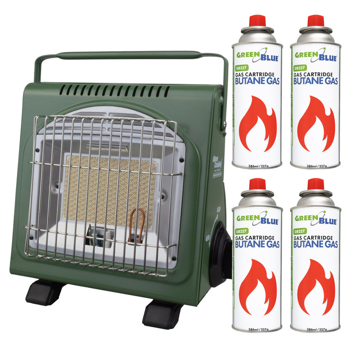 Tragbarer Gaskocher von Alpen Camping, 2-in-1, Gasverbrauch 124 g/h, piezoelektrische Zündung, ICELAND IK-1000 PRO+ 4x 227-g-Gaskartusche von GreenBlue. Zertifikat: Pi 0875, entspricht der Norm EN 417