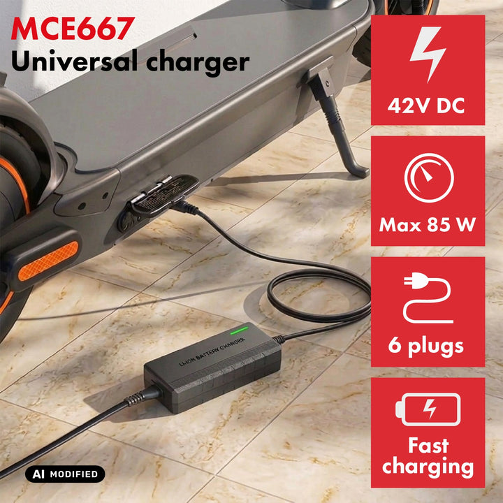 Universelles Ladegerät / Netzteil von Maclean Energy für E-Scooter, 42 V DC, 2 A, max. 85 W, Schnellladung, 6 Stecker, MCE667