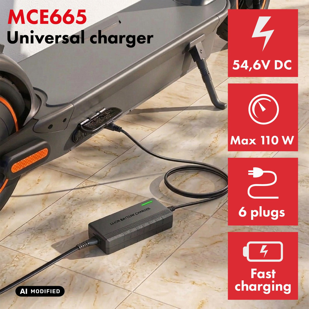 Universelles Ladegerät / Netzteil von Maclean Energy, für E-Scooter, 54,6 V DC, 2 A, max. 110 W, Schnellladung, 6 Stecker, MCE665