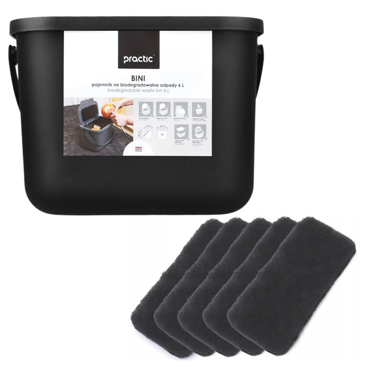 6-Liter-Bioabfallbehälter, schwarz, Bini Practic + 5x Practic-Kohlefilter