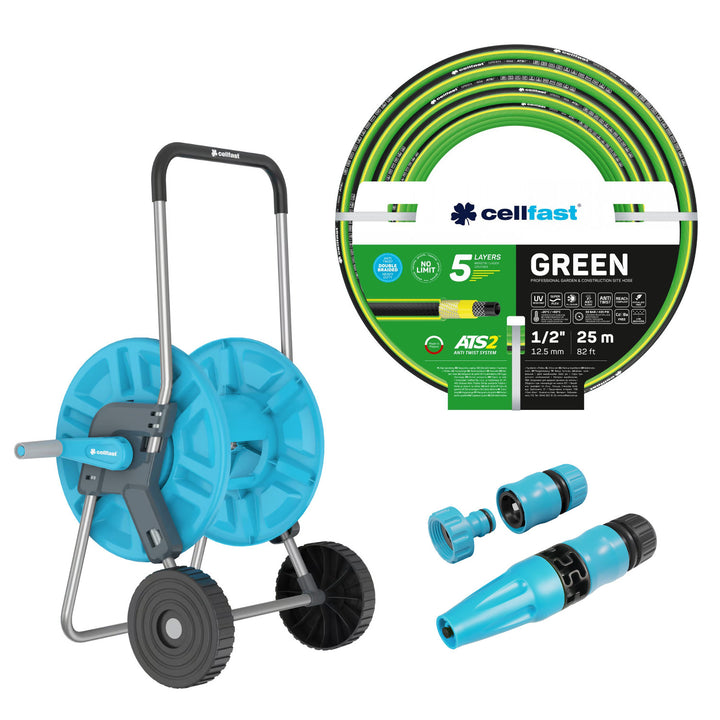 Schlauchwagen Cellfast Aluplus 1/2" 60 m + Gartenschlauch Cellfast Green ATS2 1/2" 25 m + Set mit geradem Sprühkopf Cellfast Basic 1/2"