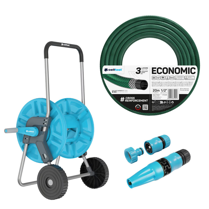 Cellfast Aluplus Schlauchwagen 1/2" 60 m + Cellfast Economic Gartenschlauch 1/2" 20 m + Set mit Cellfast Basic Sprühkopf 1/2"