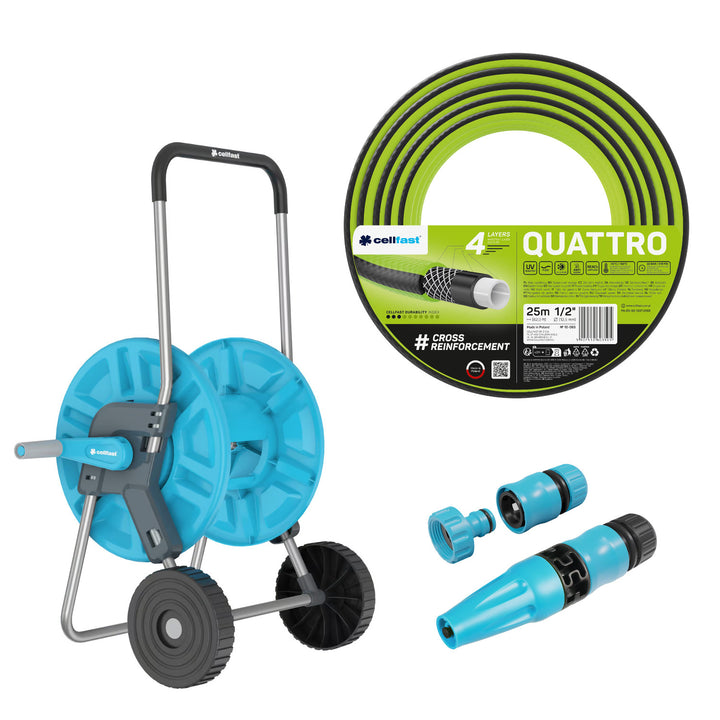 Cellfast Aluplus Schlauchwagen 1/2" 60 m + Cellfast Quattro Gartenschlauch 1/2" 25 m + Set mit Cellfast Basic Sprühkopf 1/2"