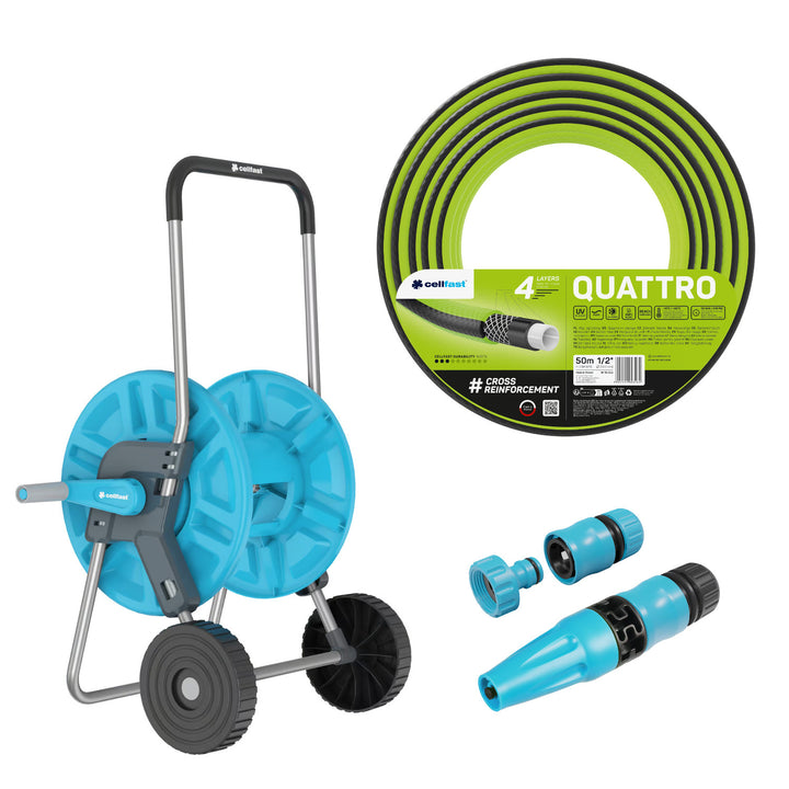 Cellfast Aluplus Schlauchwagen 1/2" 60 m + Cellfast Quattro Gartenschlauch 1/2" 50 m + Set mit Cellfast Basic Sprühkopf 1/2"
