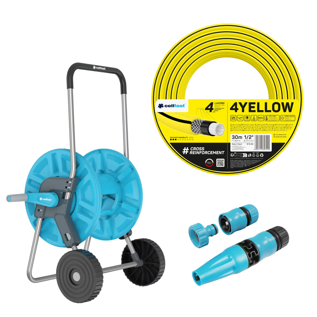 Cellfast Aluplus Schlauchwagen 1/2" 60 m + Cellfast 4YELLOW Gartenschlauch 1/2" 30 m + Set mit Cellfast Basic Sprühkopf 1/2"