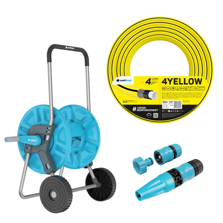 Cellfast Aluplus Schlauchwagen 1/2" 60 m + Cellfast 4YELLOW Gartenschlauch 1/2" 50 m + Set mit Cellfast Basic Sprühkopf 1/2"