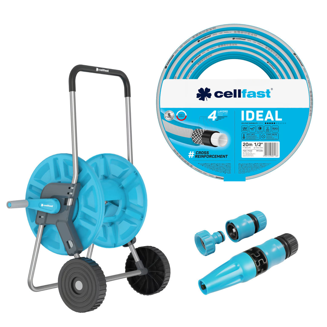 Cellfast Aluplus Schlauchwagen 1/2" 60 m + Cellfast IDEAL Gartenschlauch 1/2" 20 m + Set mit Cellfast Basic Sprühkopf 1/2"