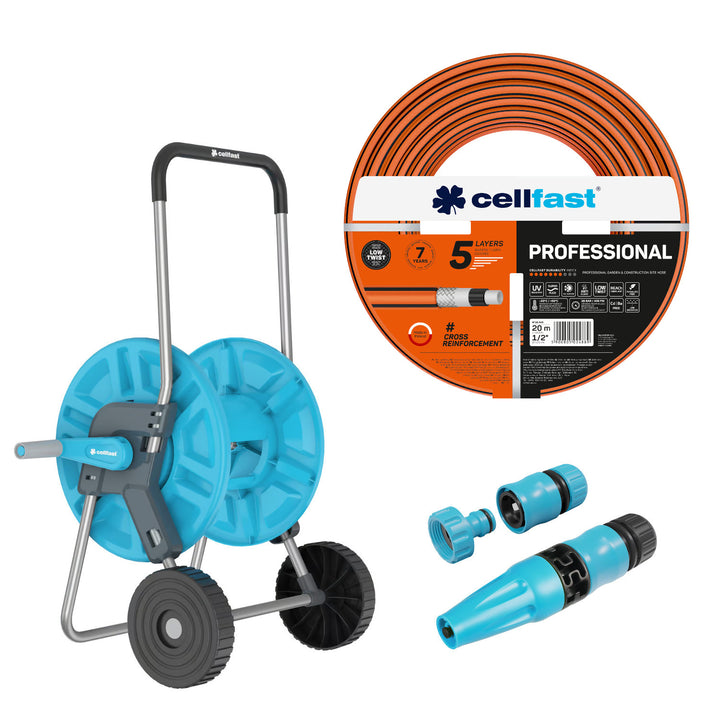 Cellfast Aluplus Schlauchwagen 1/2" 60 m + Cellfast Gartenschlauch PROFESSIONAL 1/2" 20 m + Set mit Cellfast Basic Sprühkopf 1/2"