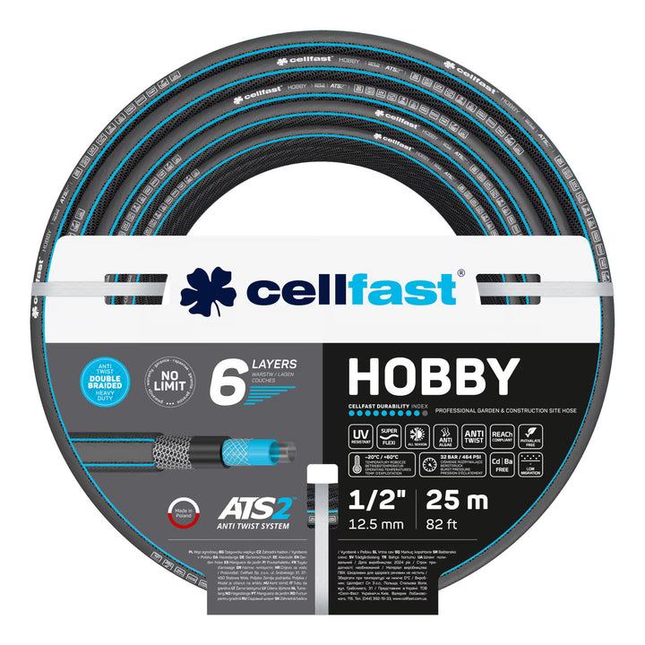 Cellfast Hobby ATS2 Gartenschlauch 1/2" 25 m + Cellfast Schlauchhalter (grau) + Set mit Cellfast Basic 1/2" Sprühdüse