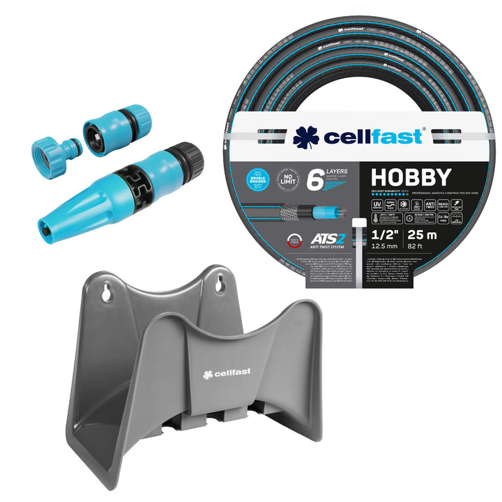 Cellfast Hobby ATS2 Gartenschlauch 1/2" 25 m + Cellfast Schlauchhalter (grau) + Set mit Cellfast Basic 1/2" Sprühdüse