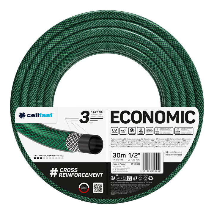 Cellfast Economic Gartenschlauch 1/2" 30 m + Cellfast Schlauchhalter, grau + Set mit Cellfast Basic Geradstrahl-Sprinkler 1/2"