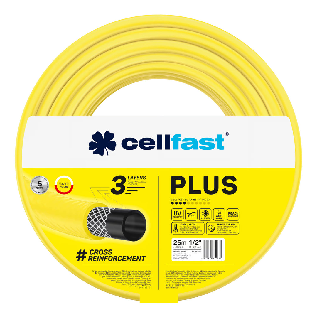 Cellfast Plus Gartenschlauch 1/2" 25 m + Cellfast Schlauchhalter (grau) + Set mit Cellfast Basic Geradstrahl-Sprinkler 1/2"