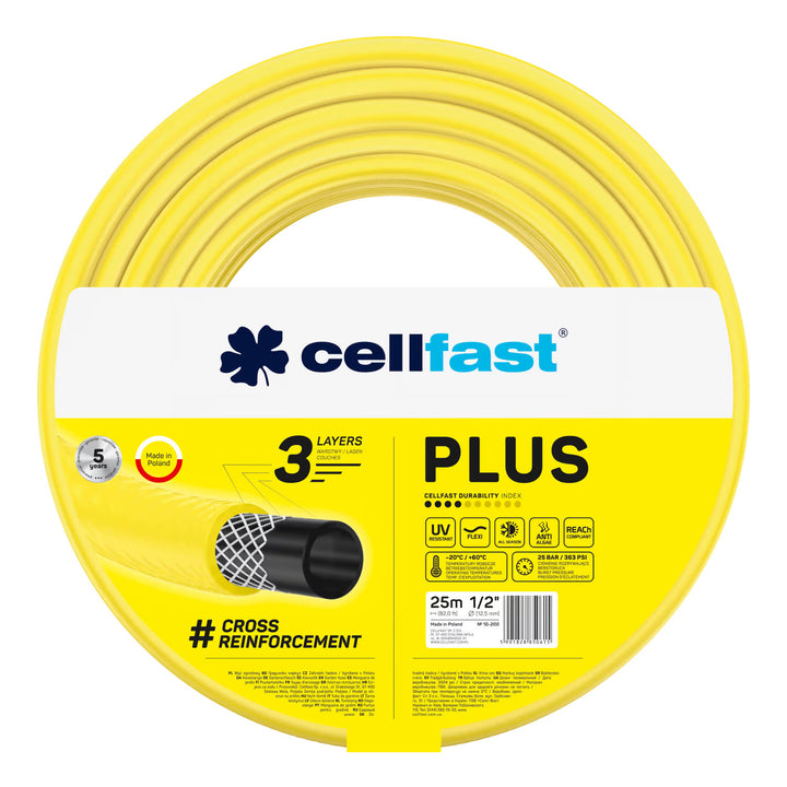Cellfast Plus Gartenschlauch 1/2" 25 m + Cellfast Schlauchhalter (grau) + Set mit Cellfast Basic Geradstrahl-Sprinkler 1/2"