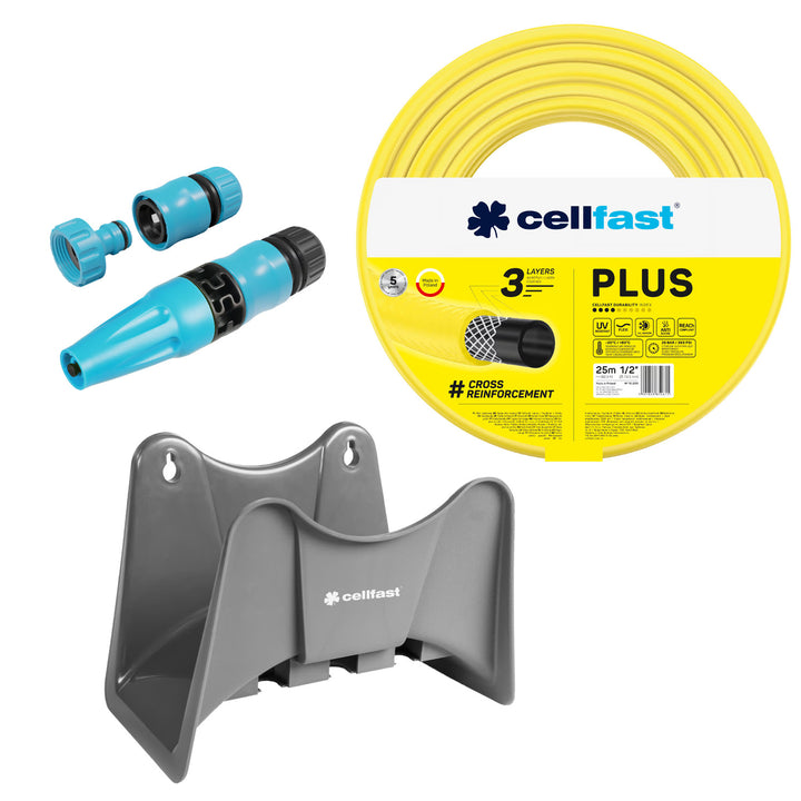Cellfast Plus Gartenschlauch 1/2" 25 m + Cellfast Schlauchhalter (grau) + Set mit Cellfast Basic Geradstrahl-Sprinkler 1/2"