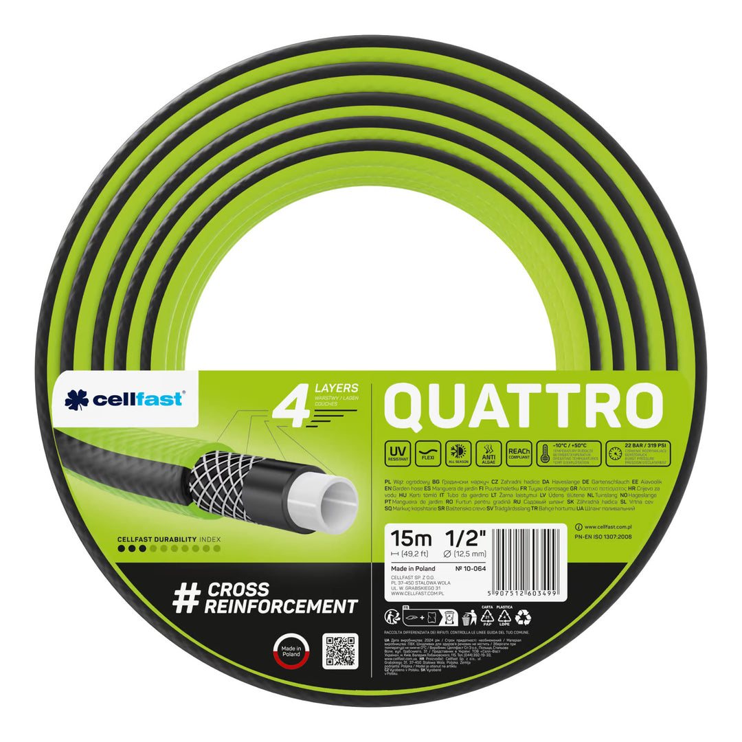 Cellfast Quattro Gartenschlauch 1/2" 15 m + Cellfast Schlauchhalter, grau + Set mit Cellfast Basic Geradsprinkler 1/2"