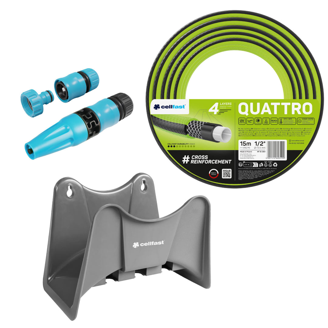Cellfast Quattro Gartenschlauch 1/2" 15 m + Cellfast Schlauchhalter, grau + Set mit Cellfast Basic Geradsprinkler 1/2"