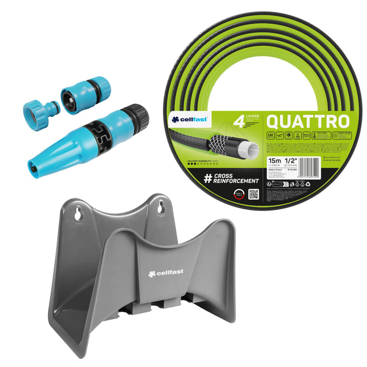 Cellfast Quattro Gartenschlauch 1/2" 15 m + Cellfast Schlauchhalter, grau + Set mit Cellfast Basic Geradsprinkler 1/2"