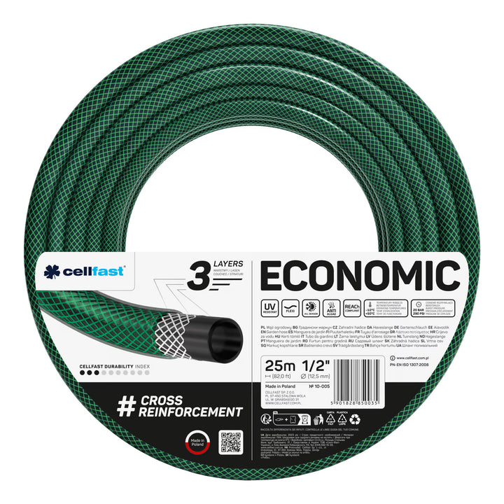 Cellfast Economic Gartenschlauch 1/2" 25 m + Cellfast Schlauchhalter, grau + Set mit Cellfast Basic geradem Sprühkopf 1/2"