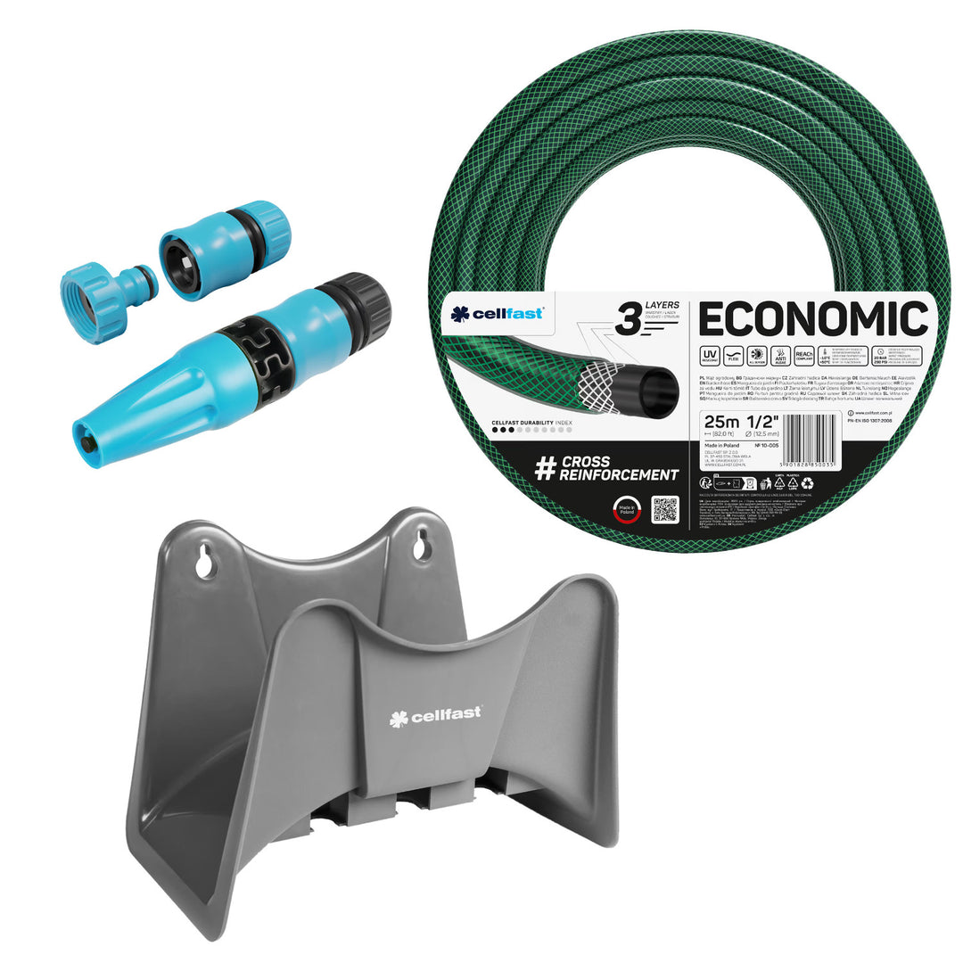 Cellfast Economic Gartenschlauch 1/2" 25 m + Cellfast Schlauchhalter, grau + Set mit Cellfast Basic geradem Sprühkopf 1/2"