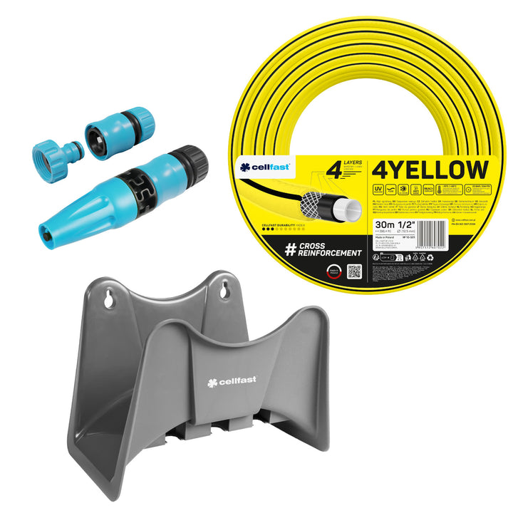 Cellfast-Gartenschlauch 4YELLOW 1/2" 30 m + Cellfast-Schlauchhalter (grau) + Set mit Cellfast Basic-Sprinkler (1/2")