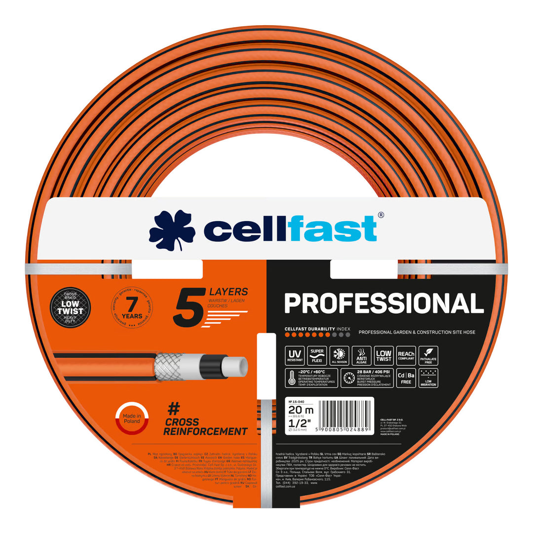 Cellfast-Gartenschlauch, PROFESSIONAL 1/2" 20 m + Cellfast-Schlauchhalter, grau + Set mit Cellfast Basic-Sprinkler 1/2"