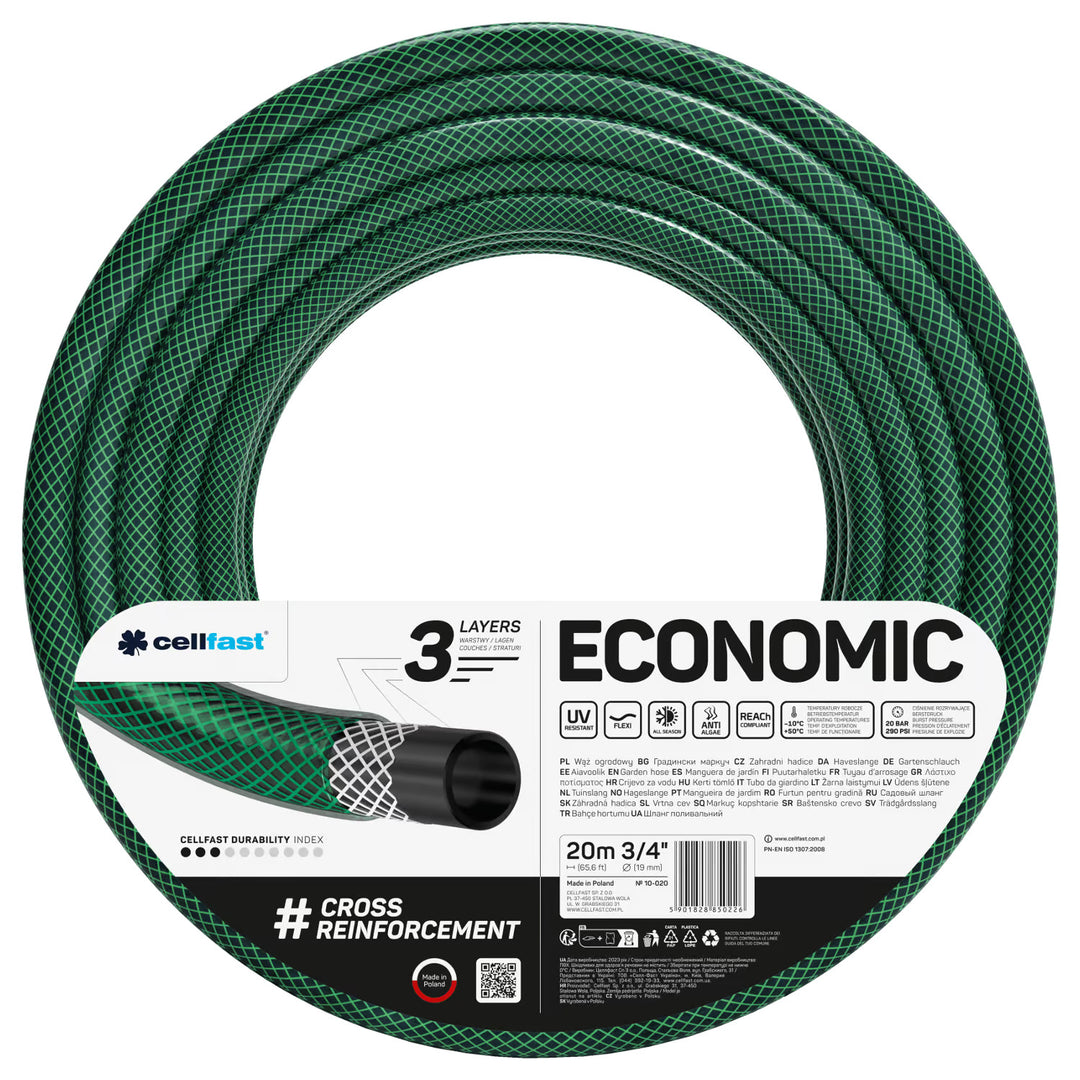 Cellfast Economic Gartenschlauch 3/4" 20 m + Sprühpistole + Anschluss mit 3/4"-Innengewinde + Durchgangs- und Absperr-Schnellkupplung 3/4"