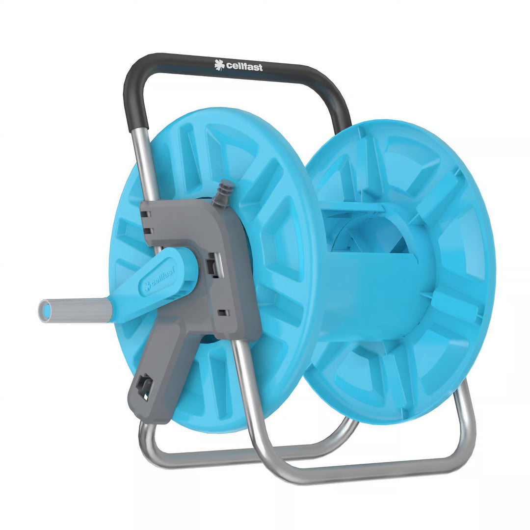 Gartenschlauch Economic 1/2" 50 m + Ständer, Anschluss mit 3/4"-Innengewinde, Anschluss mit 1/2"-Außengewinde, Durchgangs- und Stopp-Schnellkupplung 1/2" + 8-Funktionen-Spritzpistole Cellfast Mix Ideal