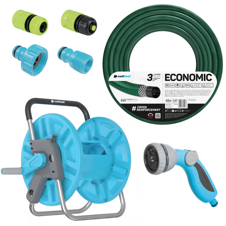Gartenschlauch Economic 1/2" 50 m + Ständer, Anschluss mit 3/4"-Innengewinde, Anschluss mit 1/2"-Außengewinde, Durchgangs- und Stopp-Schnellkupplung 1/2" + 8-Funktionen-Spritzpistole Cellfast Mix Ideal