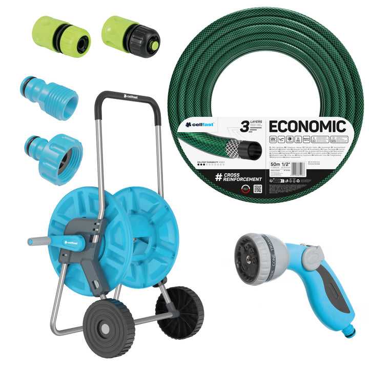 Gartenschlauch Economic 1/2" 50 m + Rollwagen, Anschluss mit 3/4"-Innengewinde, Anschluss mit 1/2"-Außengewinde, Durchgangs- und Stop-Schnellkupplung 1/2" + 8-Funktionen-Spritzpistole Cellfast Mix Ideal